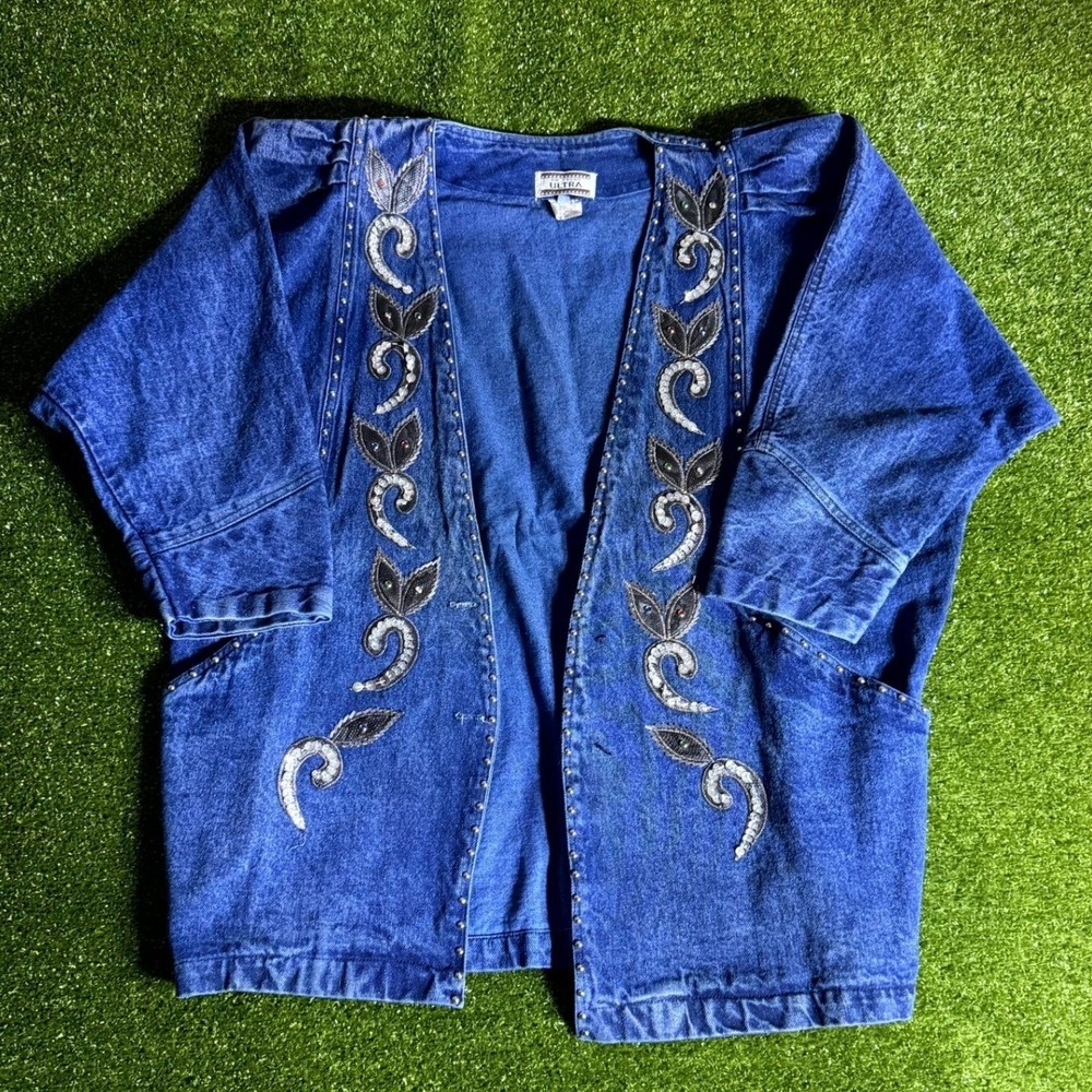 Vintage Ultra Denim Jacket Medium Wash Sequin Beaded Studded Boho Open Front S